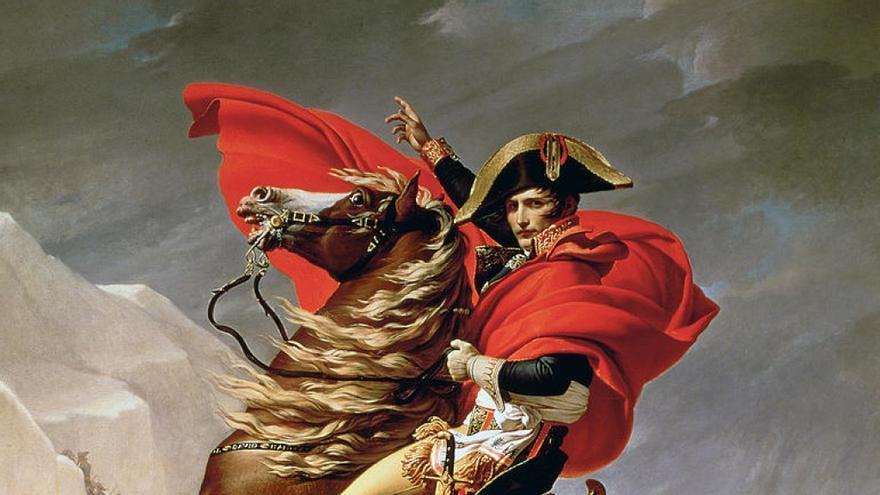 Napoleón cruzando los Alpes pintado por el artista francés Jacques-Louis David.