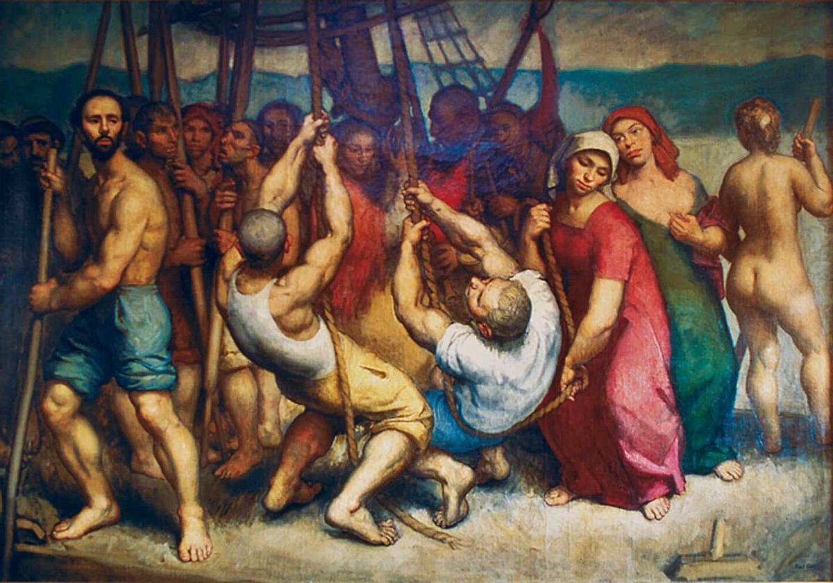 2. Díaz Pardo, ante su cuadro “Concerto de zanfona” (1939). |