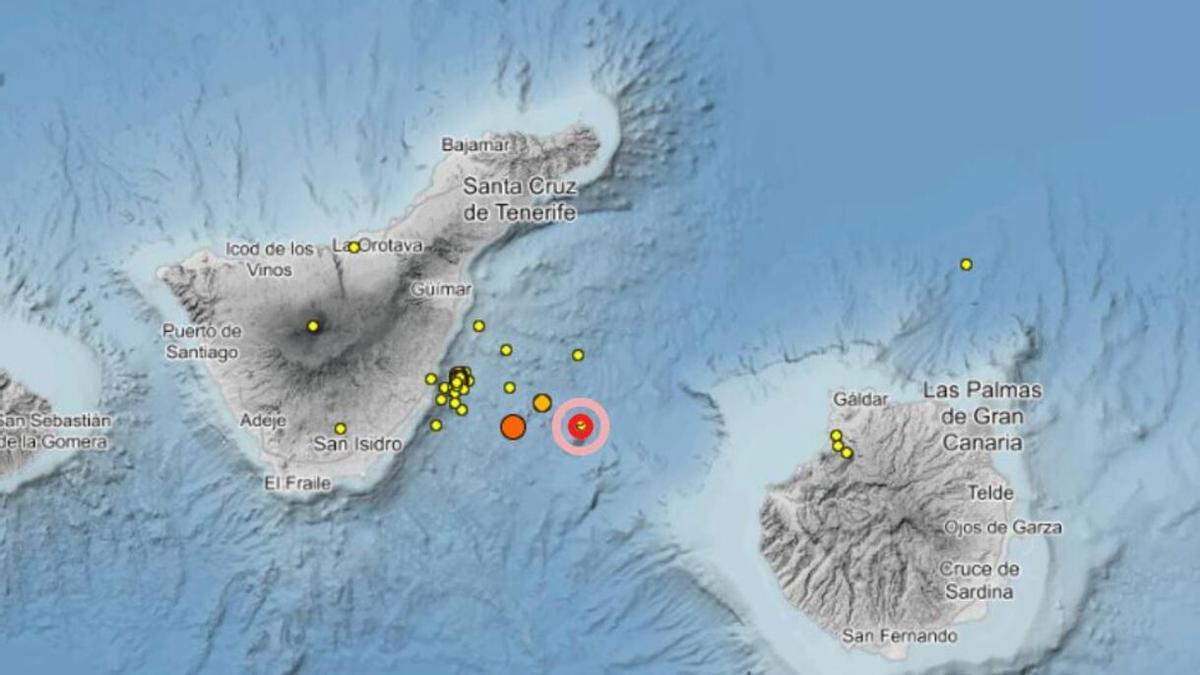 Localización de los últimos terremotos en el sureste de Tenerife.