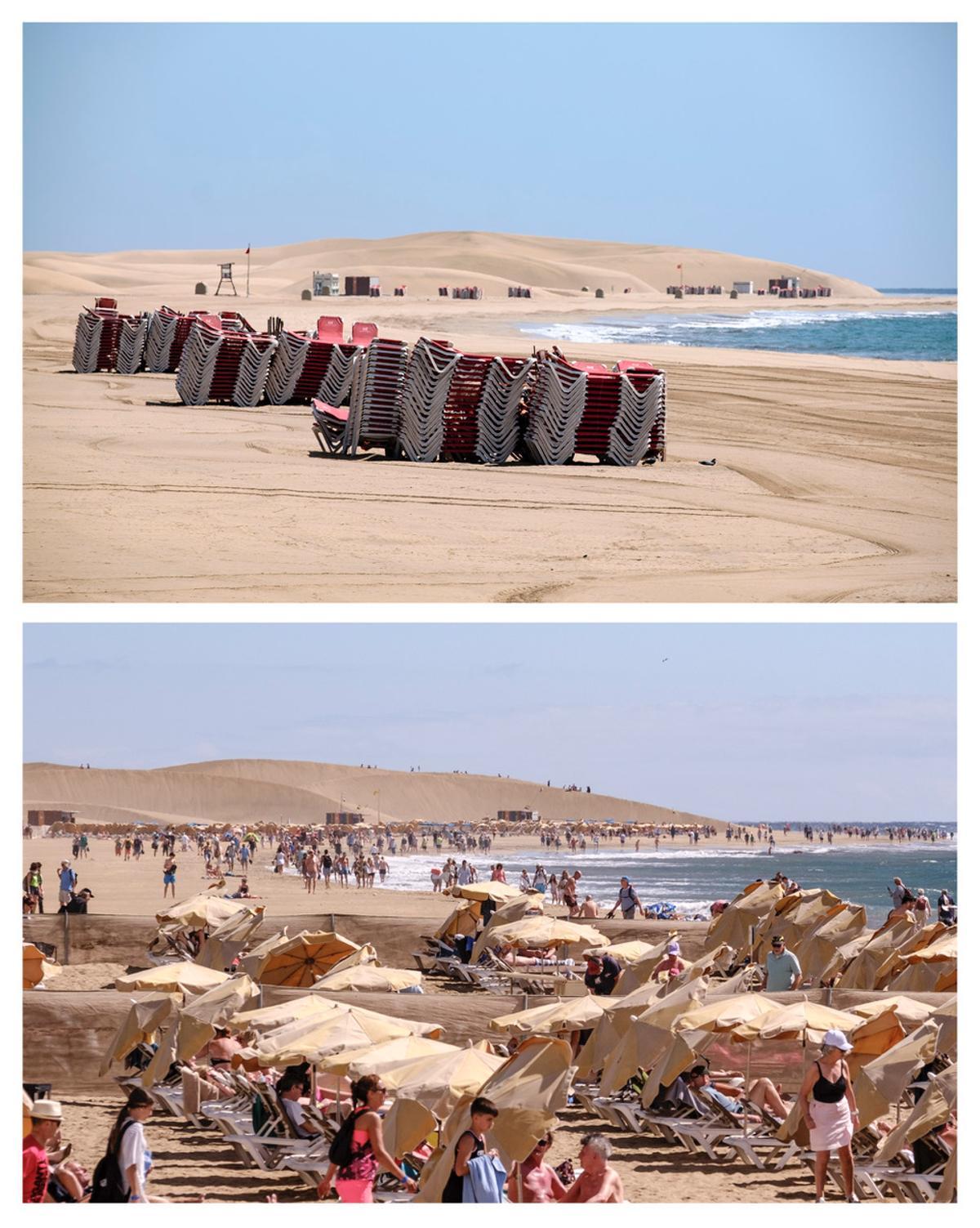 Maspalomas durante el confinamiento (arriba) y actualmente (debajo)