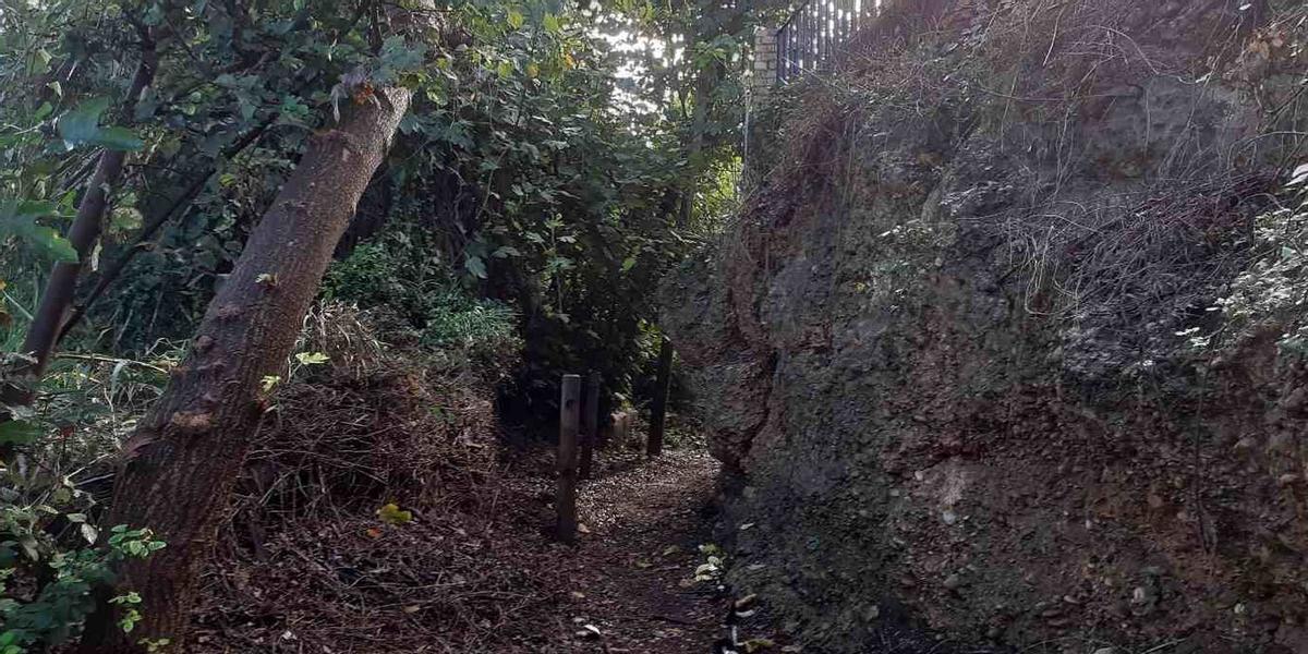 Imagen en la que se aprecia una importante grieta en una de las rocas laretales de la senda botánica que amenaza con desprenderse.