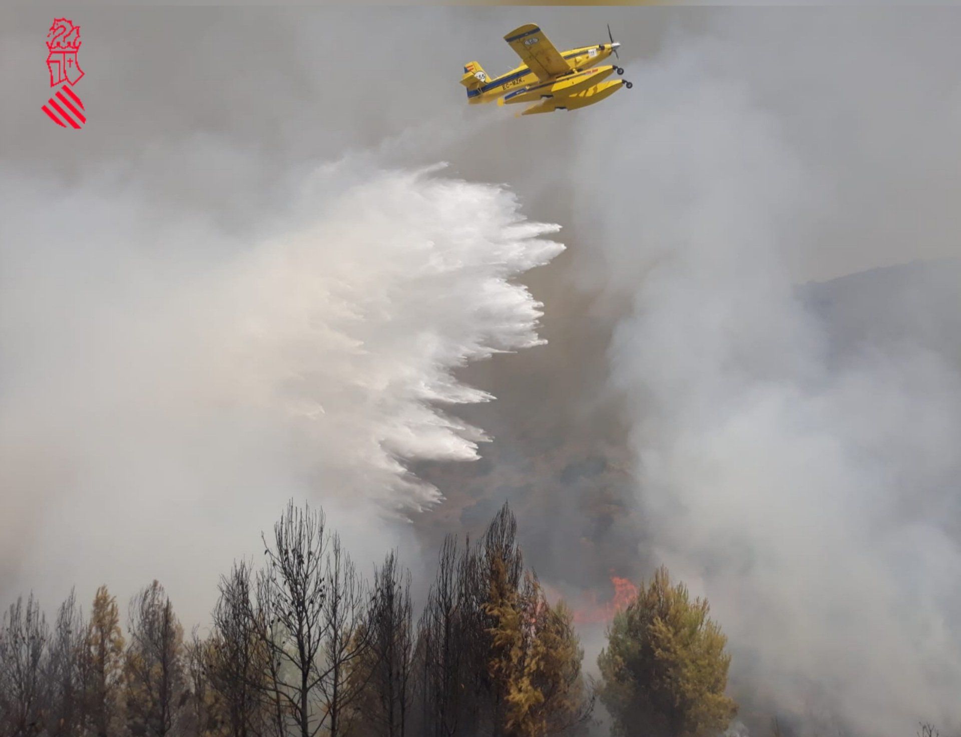 Un Air Tractor tira agua sobre el incendio de Azuébar.