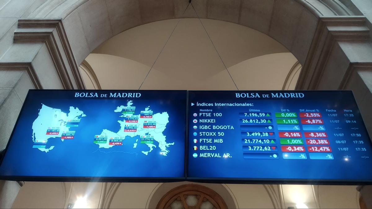 Paneles informativos de la bolsa de Madrid.