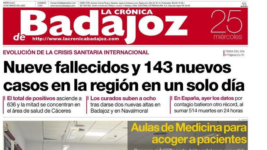 Esta es la portada de LA CRÓNICA DE BADAJOZ correspondiente al día 25 de marzo del 2020