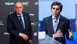 Los presidentes de LaLiga, Javier Tebas (izda.), y de Telefónica, José María Álvarez-Pallete.