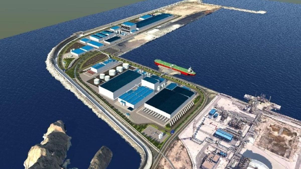 Infografía del proyecto de Ionway en la ampliación de El Musel, con un buque quimiquero atracado en el duque de alba que dará servicio a la factoría.