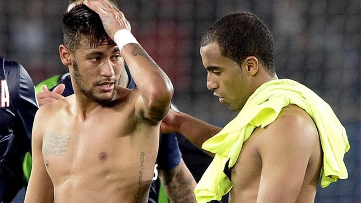 Neymar y Lucas Moura, en el PSG-Barcelona de la fase de grupos de la Champions