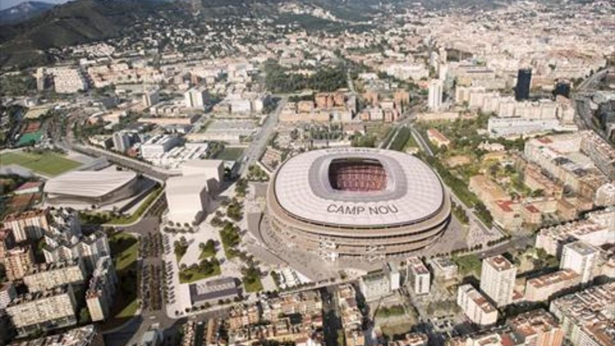 Maqueta del nuevo Espai Barça alrededor del proyecto del estadio del Barça.