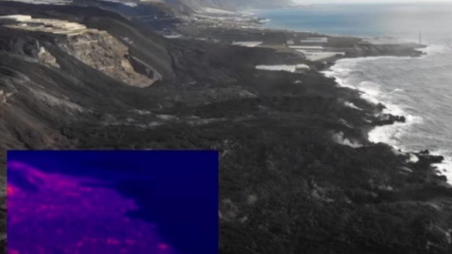 Vuelo de dron sobre el litoral de los deltas de lava Erupción La Palma