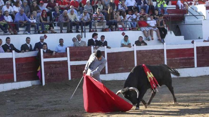 El torero leonés Javier Castaño muestra su destreza en la plaza de San Miguel de la Ribera .