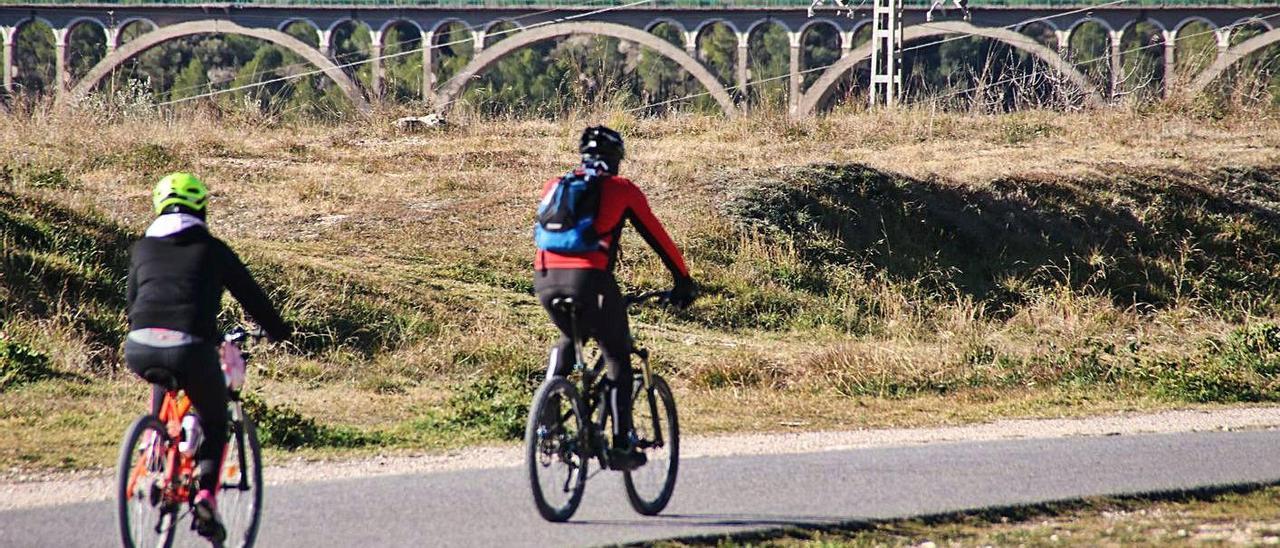 Dos ciclistas circulan por una senda en un espacio natural. |