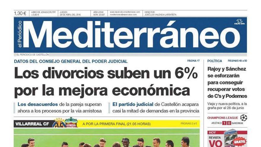 Los divorcios suben un 6% en Castellón por la mejora económica, en la portada de Mediterráneo