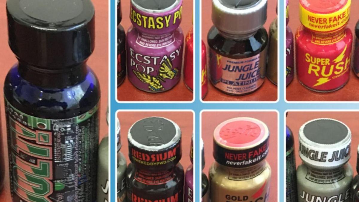 Botellitas de droga popper, que puede dañar la retina o causar la muerte.