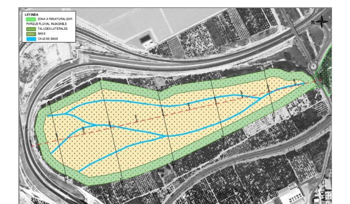 Mapa del parque fluvial para acumular el agua de la presa acotado por varias carreteras y la vía del tren