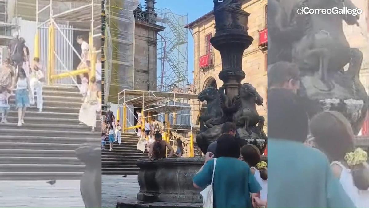 Un hombre convierte en su piscina la histórica fuente de la Praza de Praterías