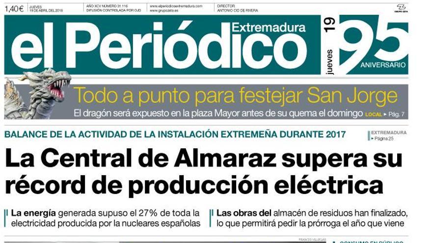 Esta es la portada de EL PERIÓDICO EXTREMADURA correspondiente al día 19 de abril del 2018