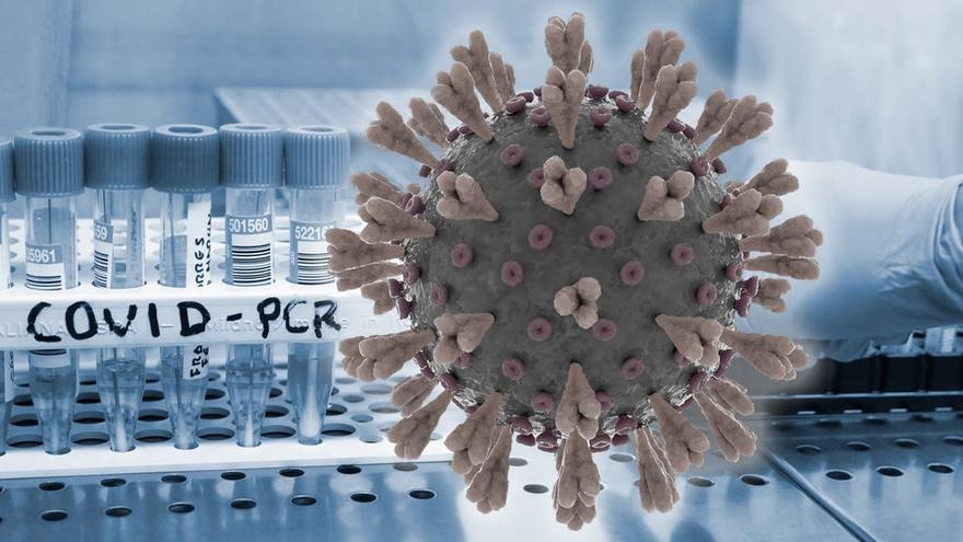 Pruebas PCR junto a una recreación del virus del coronavirus.