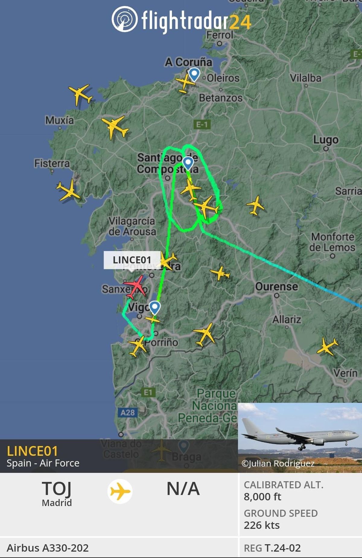 El A330-202 del Ejército del Aire y del Espacio sobrevolando Galicia.