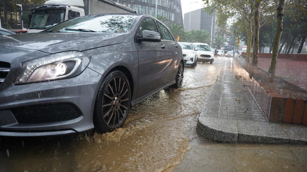 Varios surfistas salen a coger olas en la playa de Sitges durante la DANA