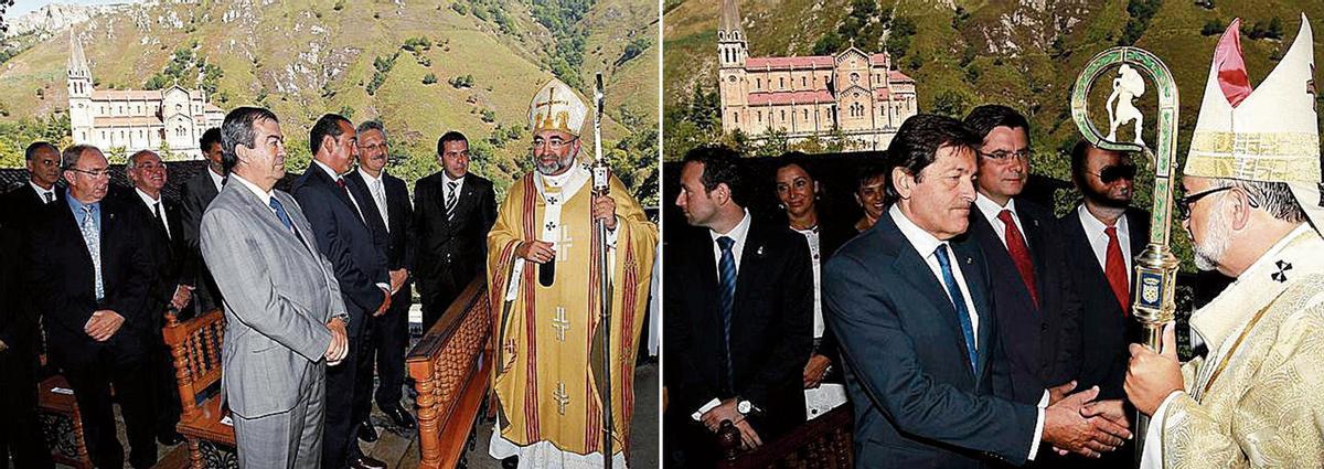 Francisco Álvarez-Cascos, en Covadonga, el 8 de septiembre de 2011 con Jesús Sanz Montes. A la derecha, Javier Fernández saluda al arzobispo de Oviedo en 2013.