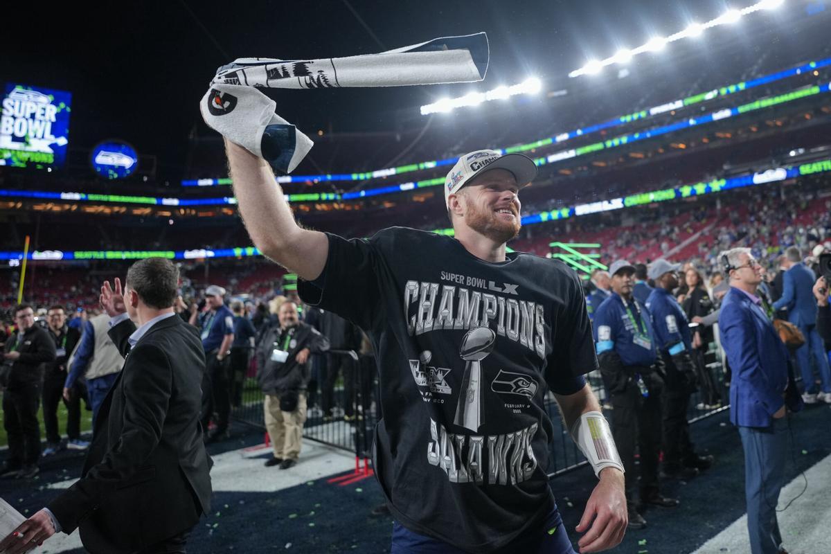 Seattle Seahawks quarterback Sam Darnold celebrates after a win over the New England Patriots in the NFL Super Bowl 60 football game, Sunday, Feb. 8, 2026, in Santa Clara, Calif. (AP Photo/Matt Slocum)