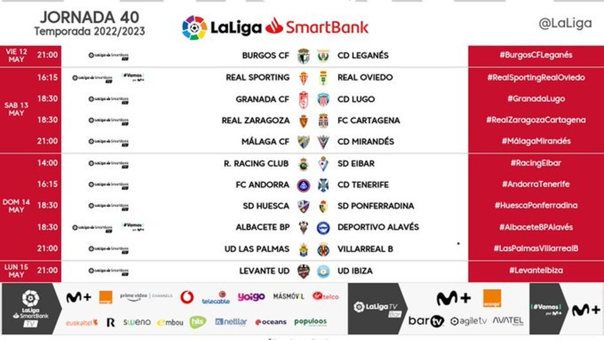 Horarios de la jornada 40 de LaLiga Smartbank.