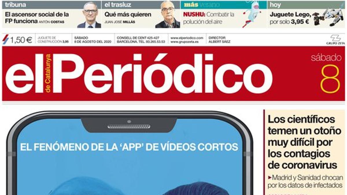 La portada de EL PERIÓDICO del 8 de agosto del 2020.
