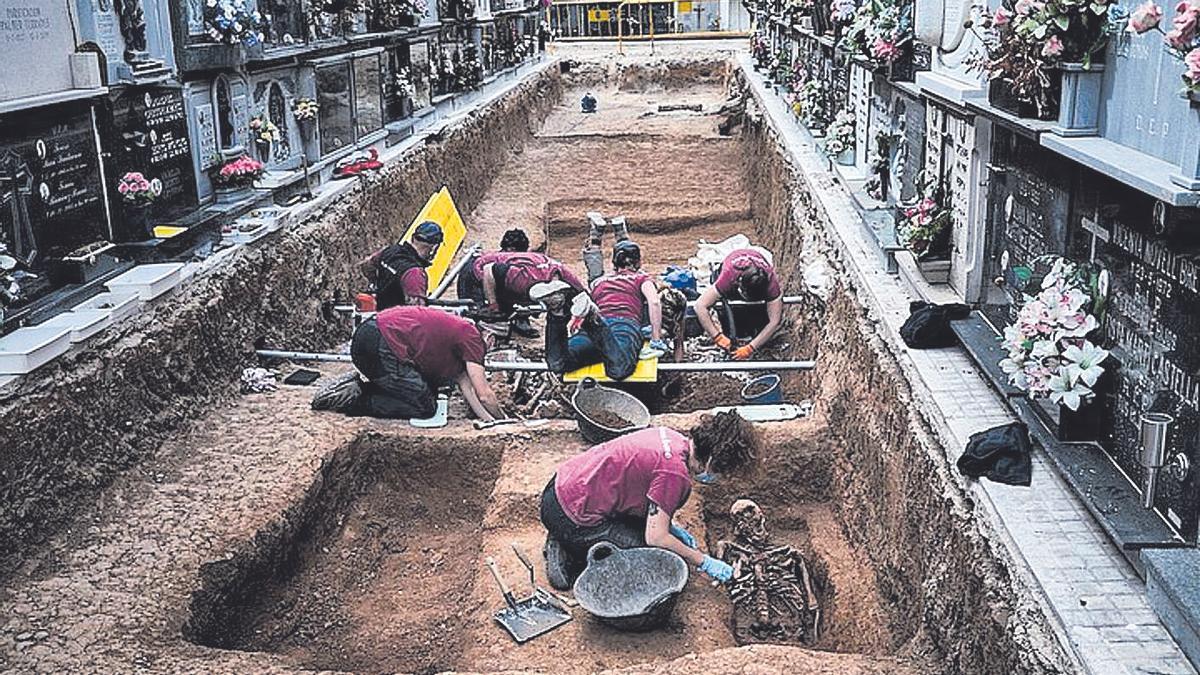 Los arqueólogos trabajan en la fosa del cementerio de Gandia, el año pasado