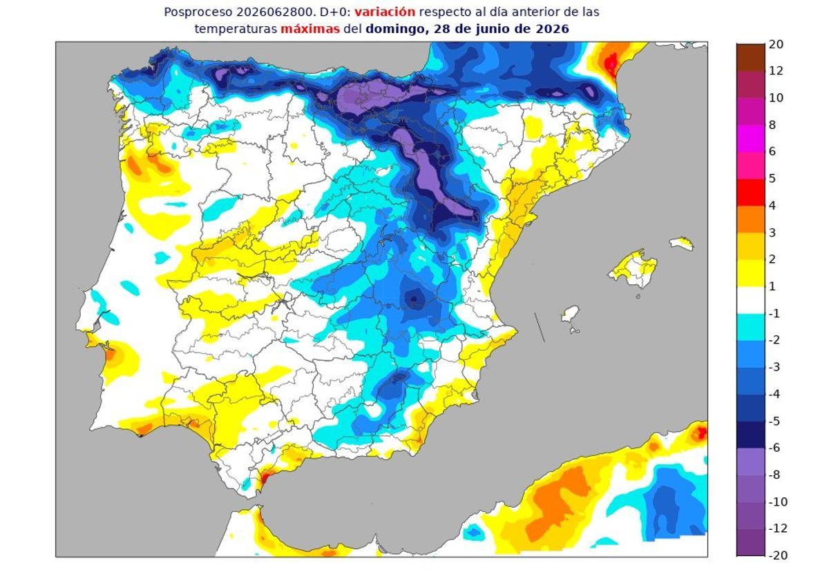 Variación de las temperaturas respecto al día anterior, en mapa elaborado por la Aemet.