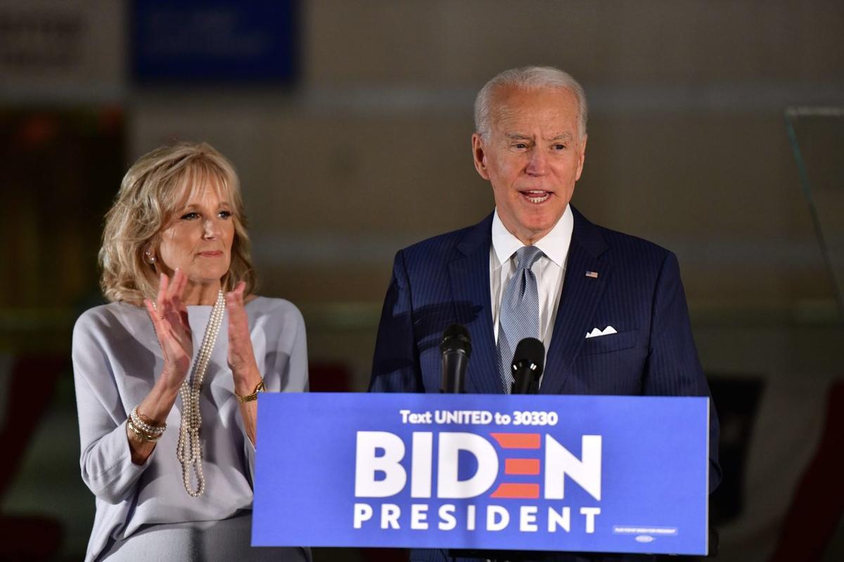 PHILADELPHIA, PA - MARCH 10: Democratic Presidential candidate former Vice President Joe Biden addresses the media and a small group of supporters with his wife Dr. Jill Biden during a primary night event on March 10, 2020 in Philadelphia, Pennsylvania. Six states - Idaho, Michigan, Mississippi, Missouri, Washington, and North Dakota held nominating contests today.   Mark Makela/Getty Images/AFP