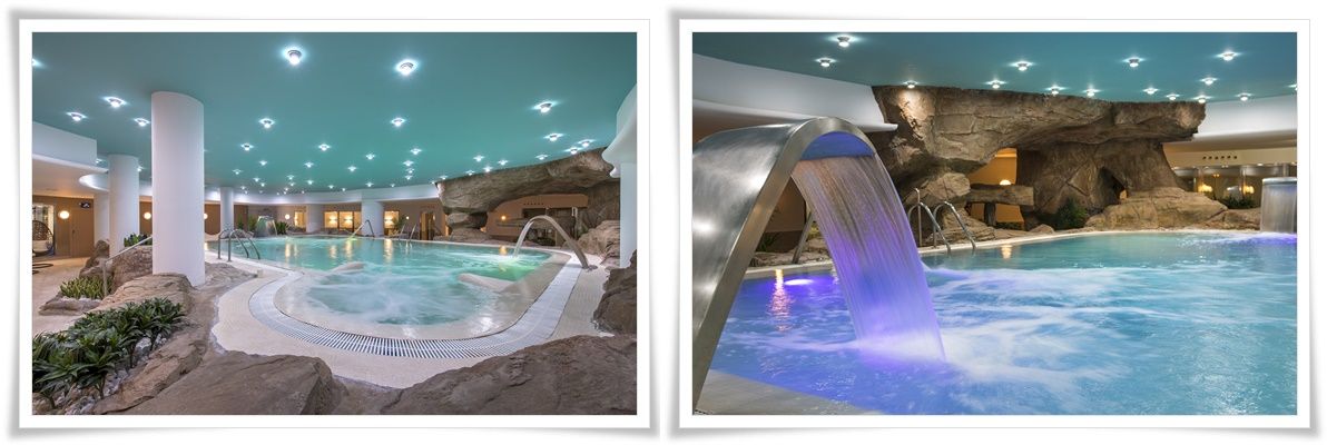 Piscina climatizada equipada con jacuzzi, cascadas y cuellos de cisne en el Oliva Nova Wellnes Spa