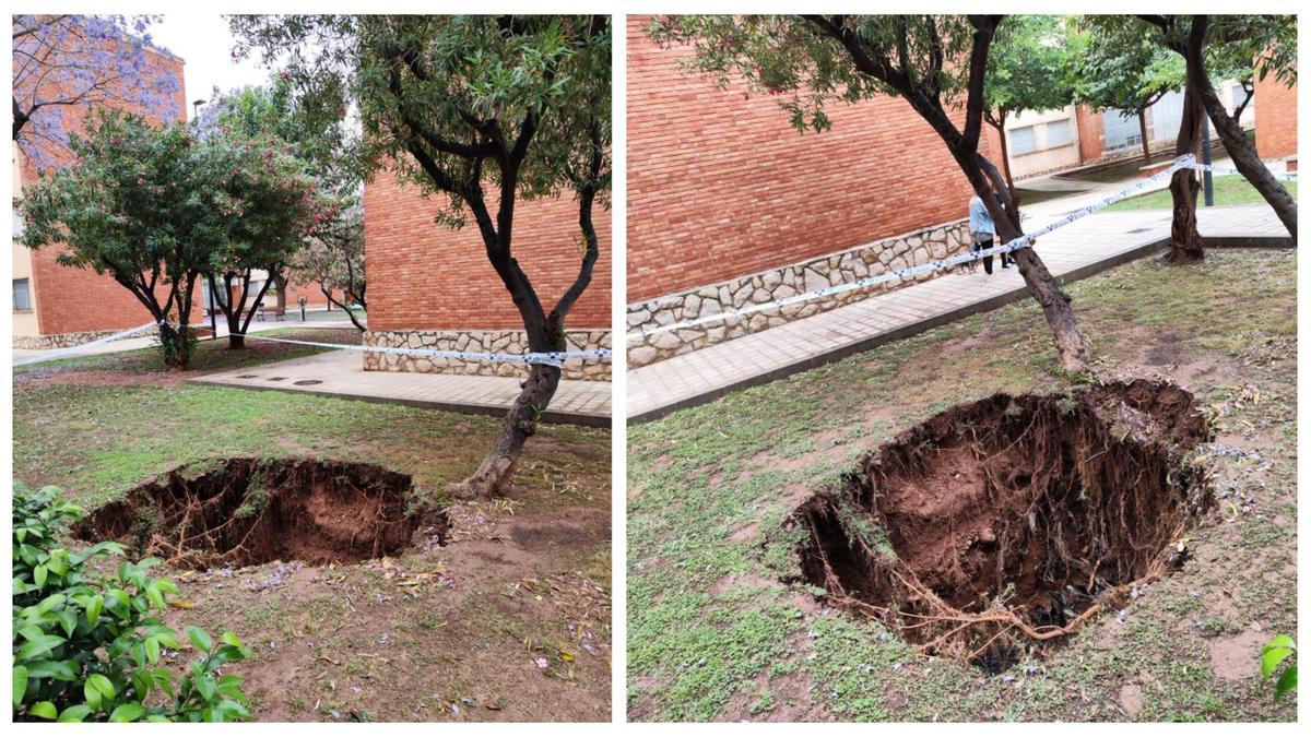 Imagen del impresionante boquete con el que han amanecido este viernes en el barrio Rafalafena.