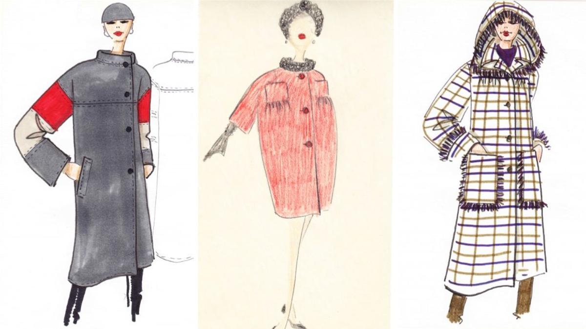 Tres bocetos de abrigo que Rovira dibujaba personalmente y que, después, era capaz de coser con maestría.