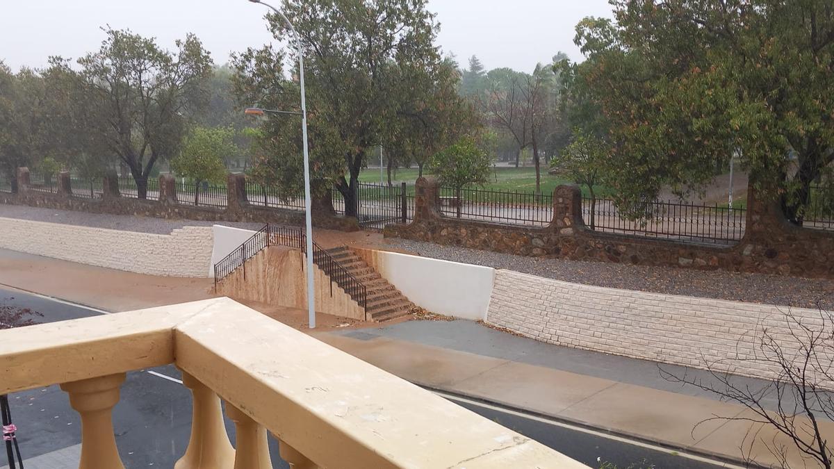 Fotogalería | La borrasca Aline azota Extremadura con lluvia intensa y fuertes vientos: Lateral del parque de las Mercedes de Almendralejo