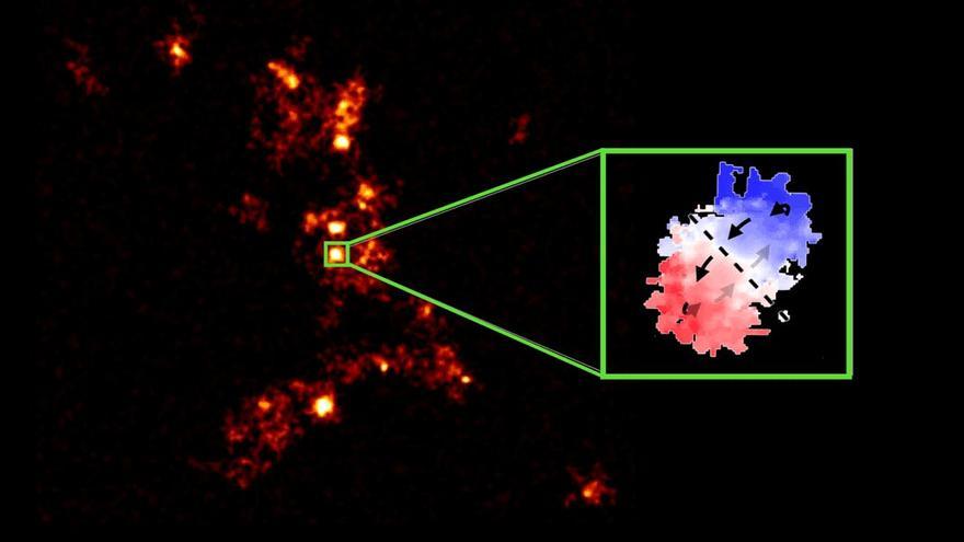 La galaxia masiva e hiperluminosa W0410-0913 y sus alrededores, vista 12 mil millones de años atrás en el tiempo