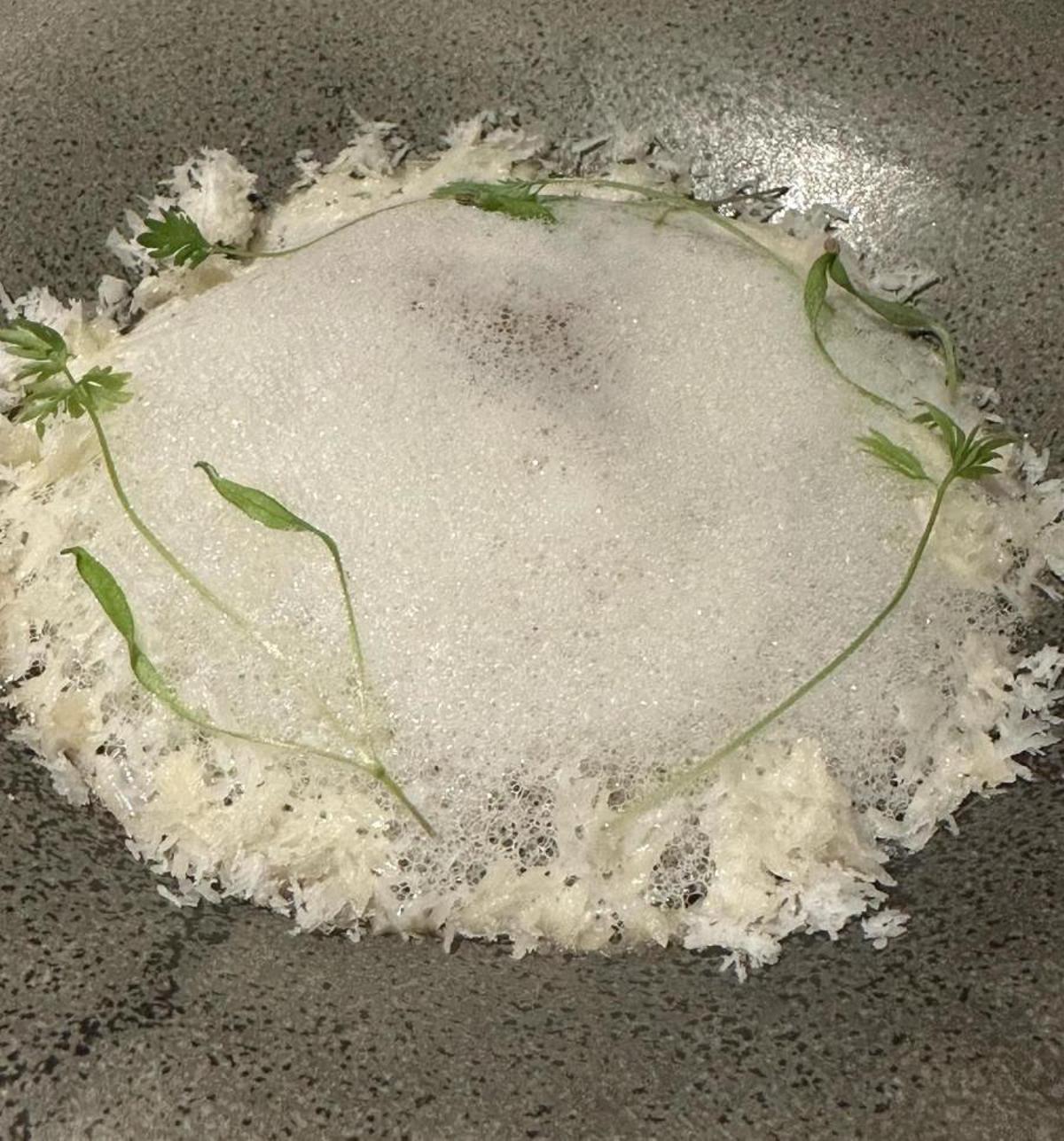 Dumpling de liebre con espuma de nueces de macadamia.