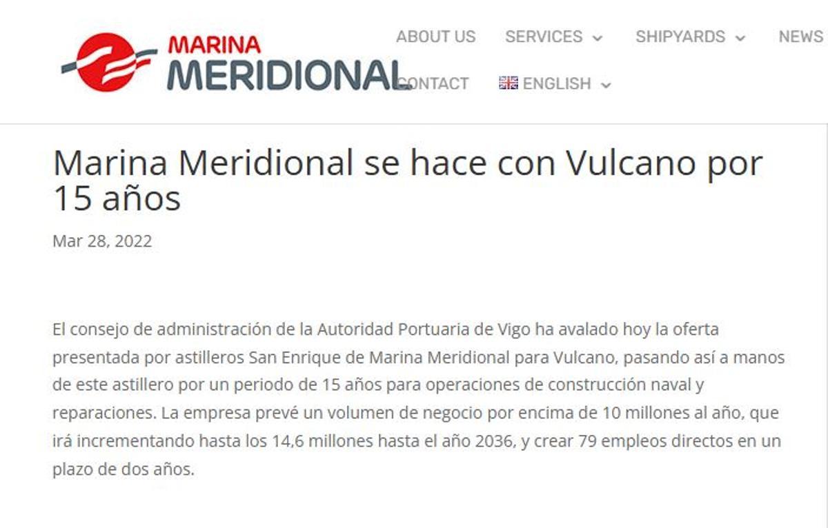 Comunicado de Marina Meridional, en su página web, en marzo de 2022