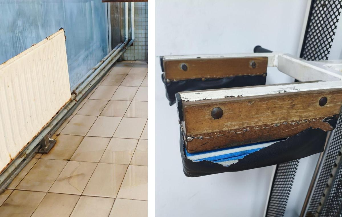 A la izquierda, charco ante un radiador oxidado. A la derecha, aparato desgastado en el gimnasio