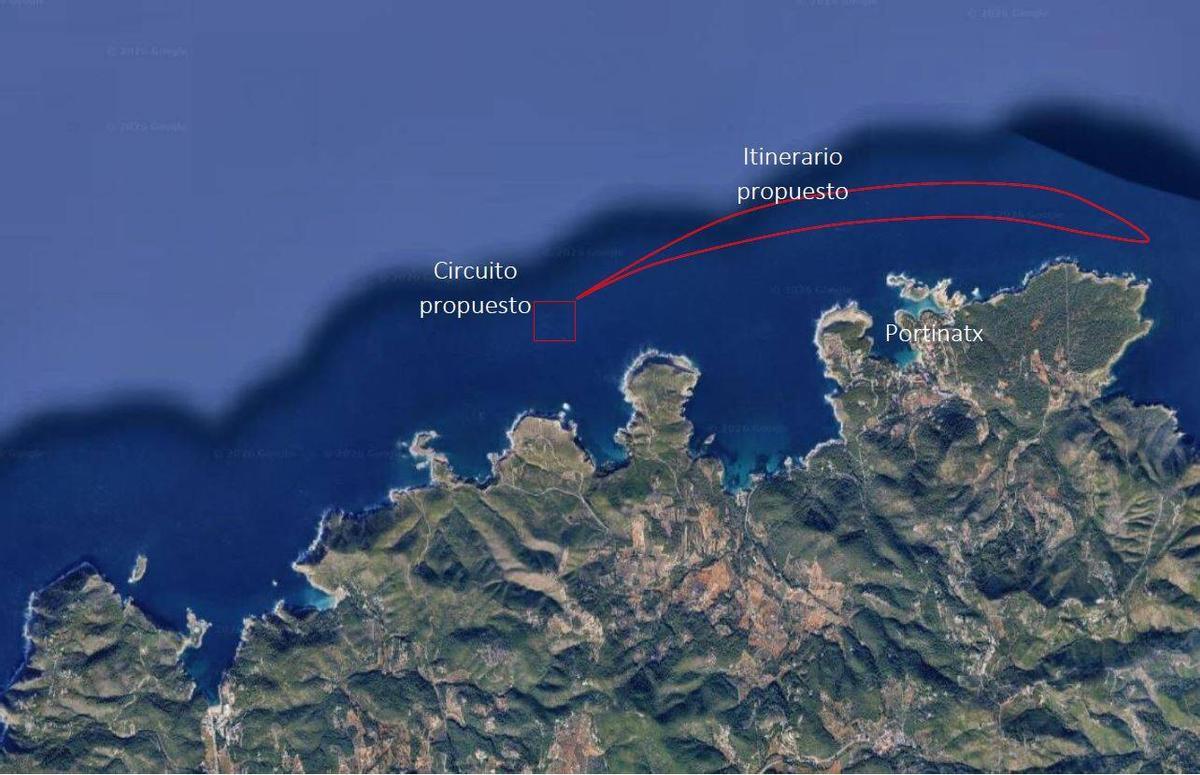 Plano en el que se localiza el circuito en la costa de Portinatx, en es Canaret.