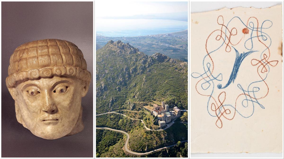 Combo de Cabeza de san Pedro procedente de Sant Pere de Rodes del Maestro Cabestany, del Museo del Castillo de Peralada; vista aérea del monasterio de Sant Pere de Rodes en Port de la Selva y la letra J vista por Jujol, artista y arquitecto