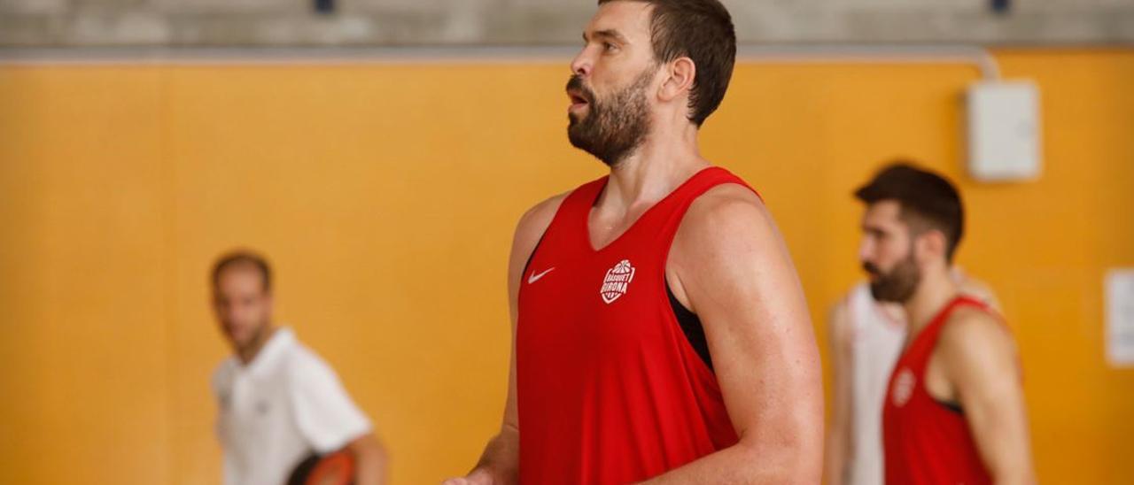 Marc Gasol, en l&#039;entrenament d&#039;aquest matí al pavelló de Calonge.