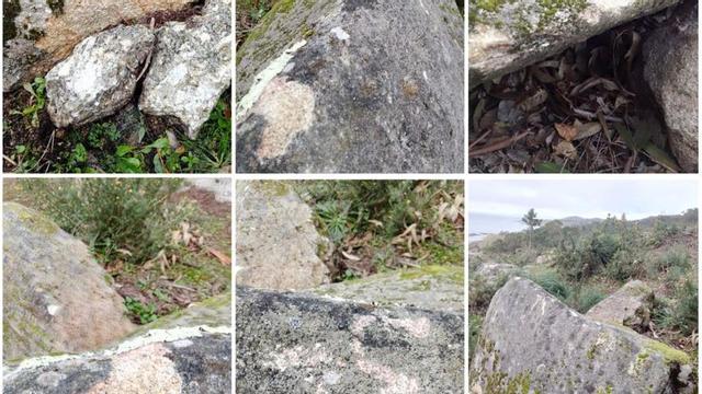 Una composición realizada con varias fotos en las que se aprecia las «cazoletas» del petroglifo (abajo a la derecha) y los daños y fracturas sobre la roca, en A Robaleira. |  Antonio Piñeiro
