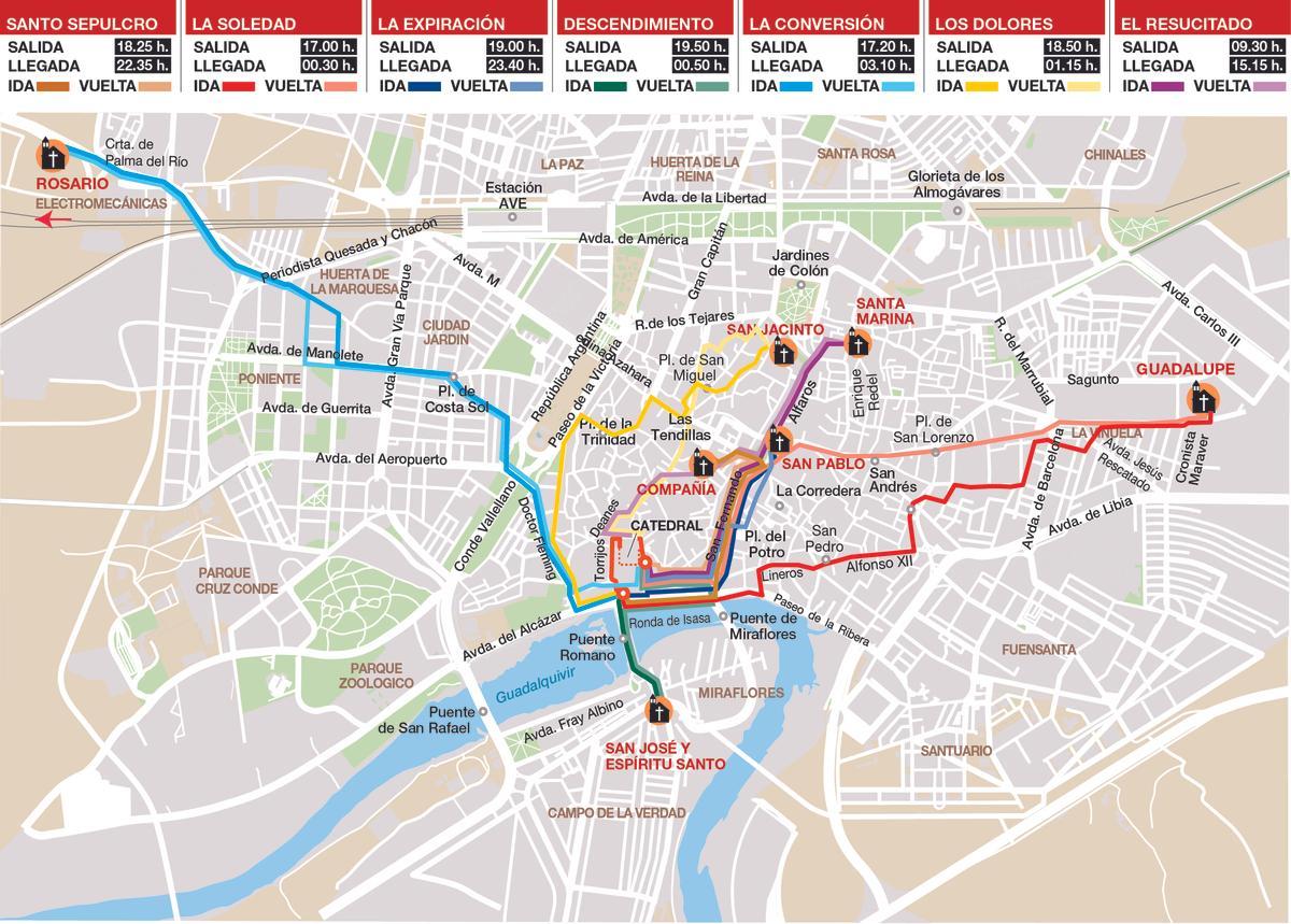 Itinerarios del Viernes Santo y Domingo de Resurrección en Córdoba.