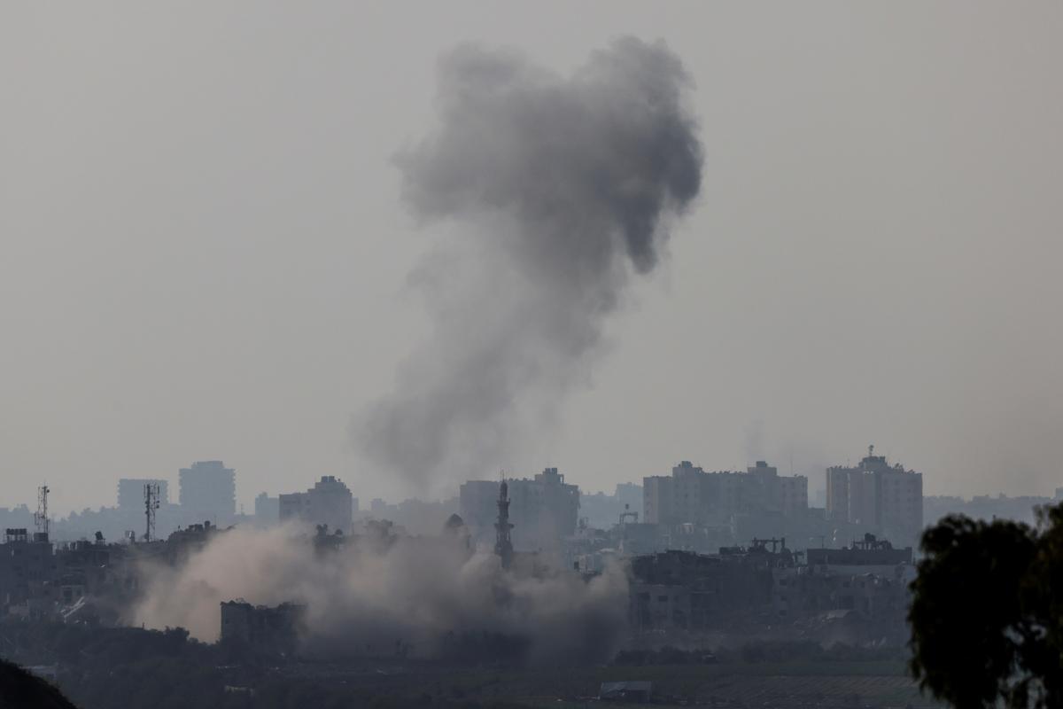 Smoke is seen rising in Gaza from a viewpoint in Southern Israel