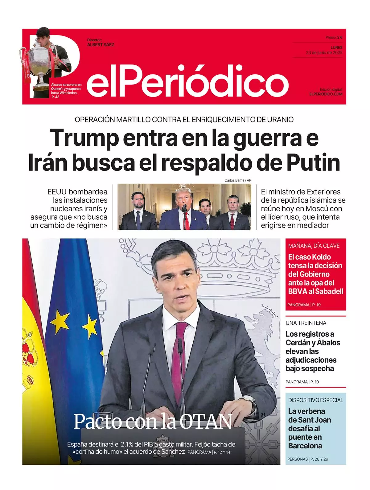 La portada de EL PERIÓDICO del 23 de junio de 2025