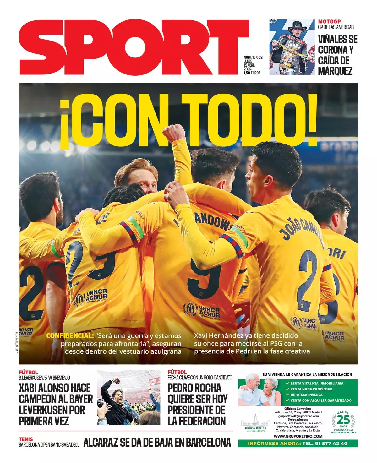 La portada SPORT de hoy, 15 de abril de 2024