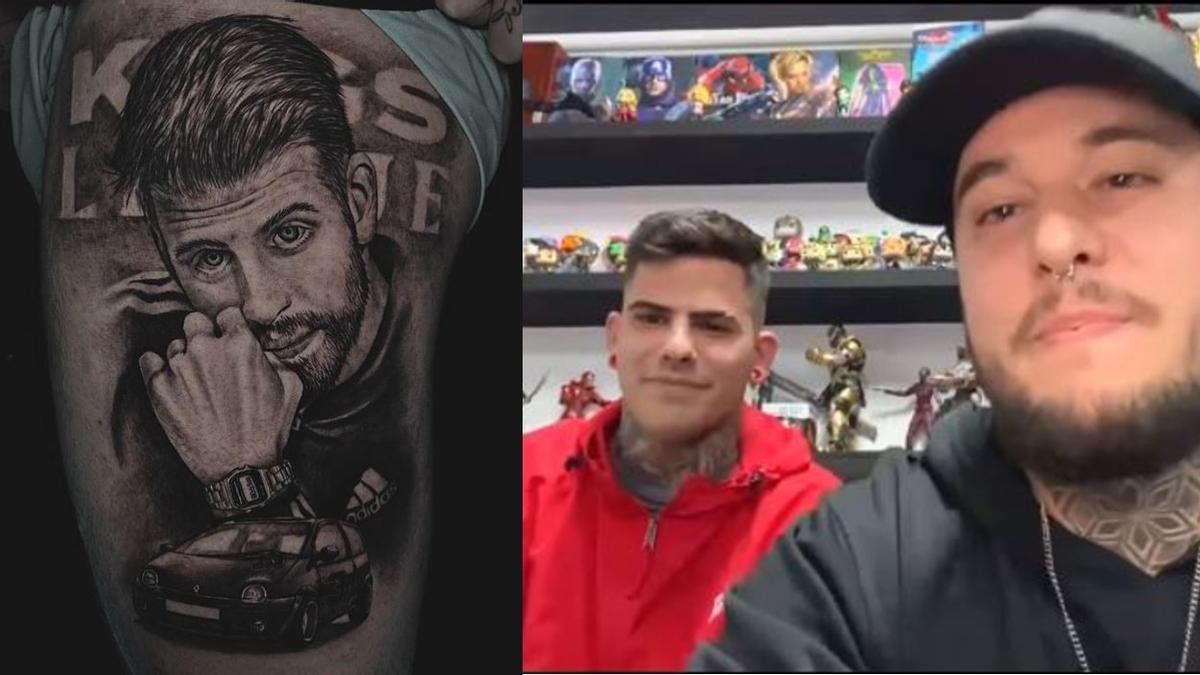 El tatuaje de Piqué con el Casio y el Twingo. A la derecha, Antón el tatuado y el artista Cristian Galera