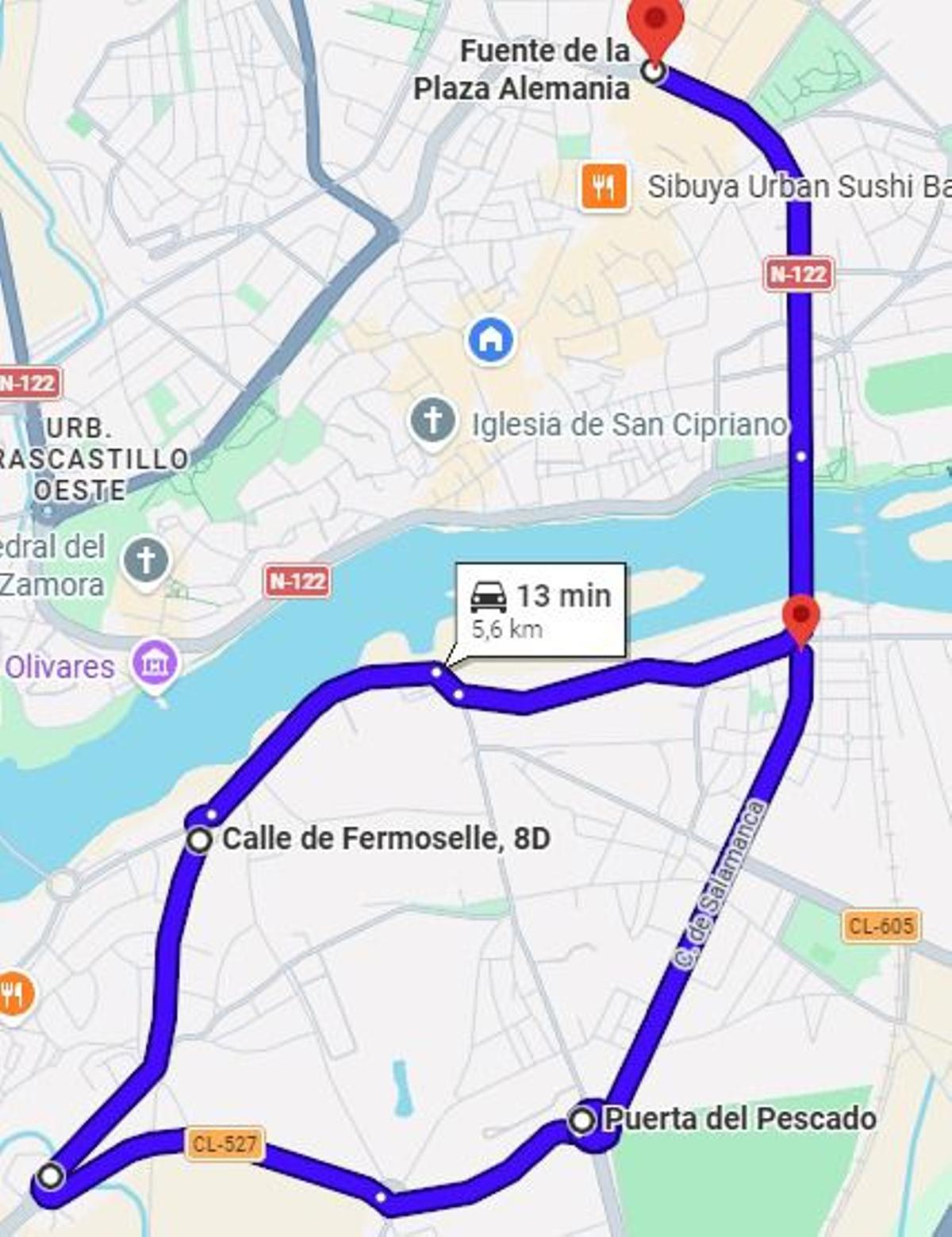 Una de las tres rutas de los autobuses nocturnos gratuitos de Zamora.