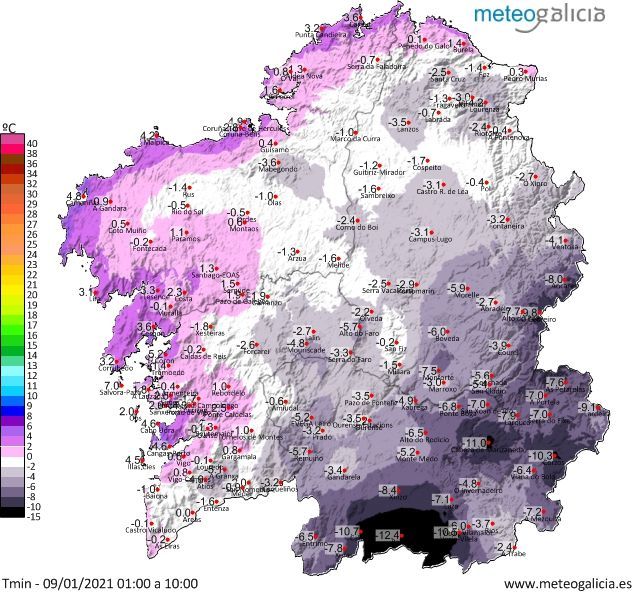 Mapa de temperaturas mínimas de Galicia.