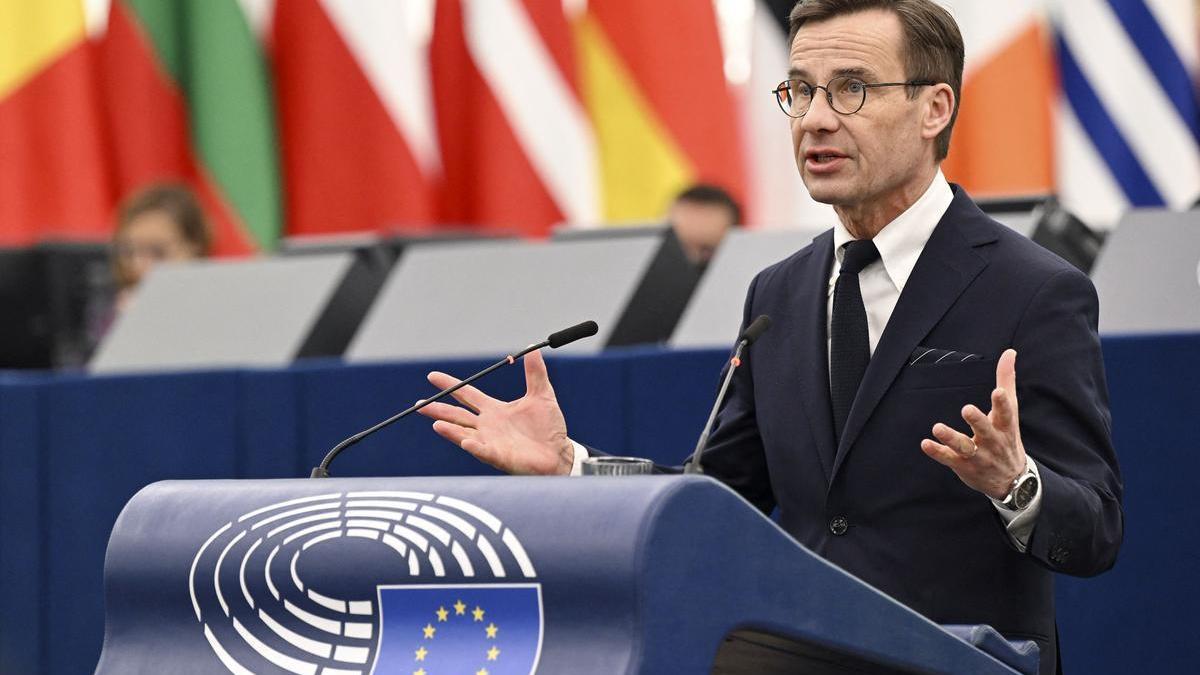 El primer ministro Ulf Kristersson, en su comparecencia en la Eurocámara, en Bruselas.